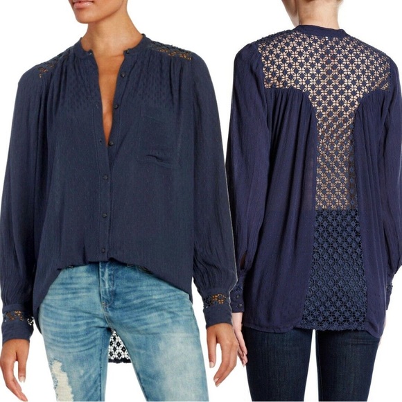 Free People Shirt Size XS Blue Tunic Crochet Lace Back Lagenlook Cottagecore - Picture 1 of 12
